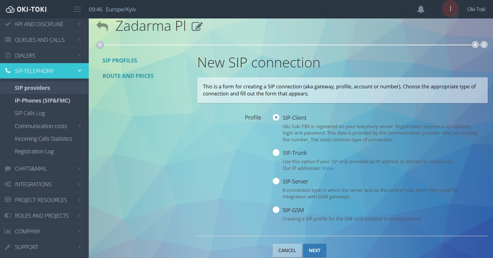 Selección de conexión SIP