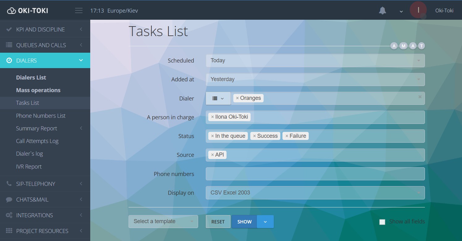 Filtros del informe «Lista de Tareas»