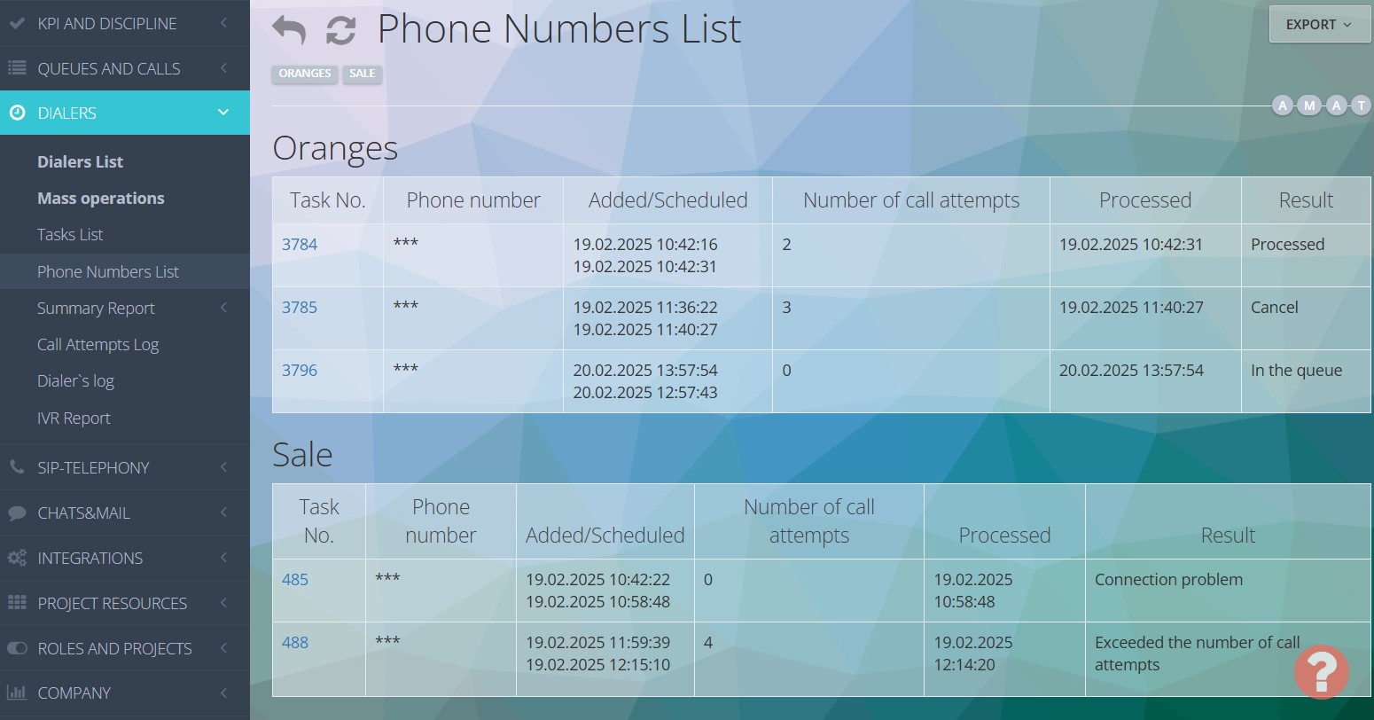 Informe «Lista de teléfonos»