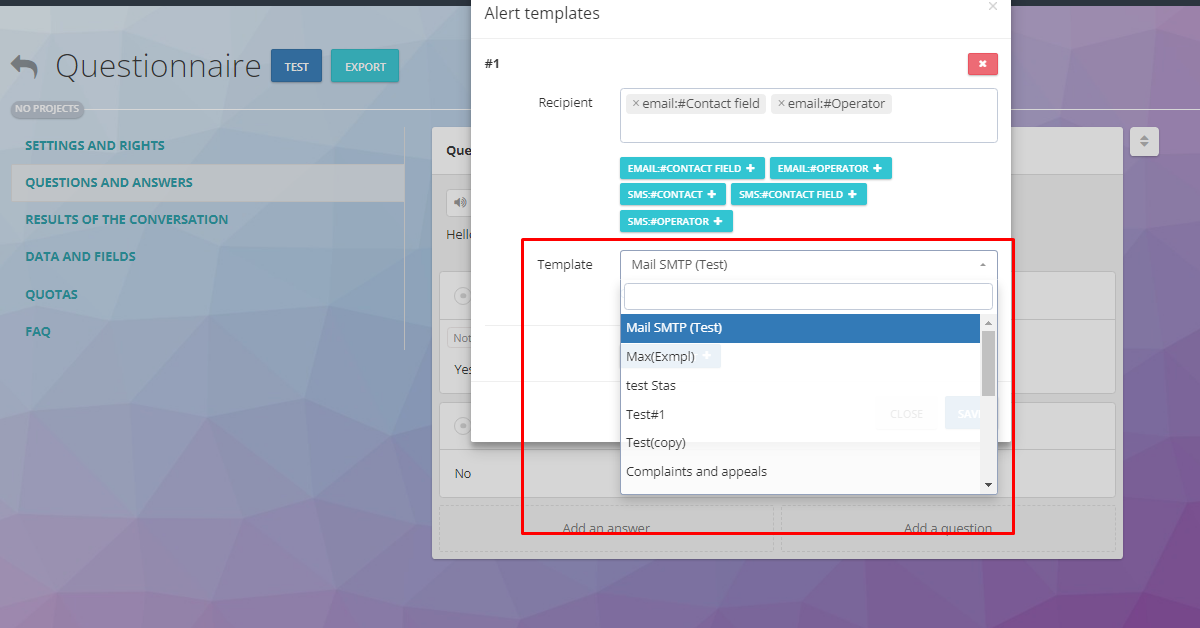 Выбор шаблона письма в Оки-Токи