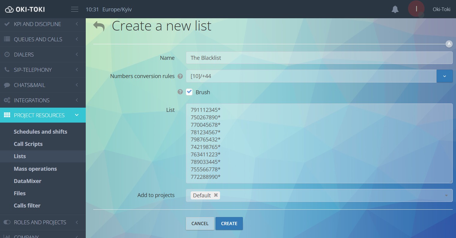 Creación de la lista de números