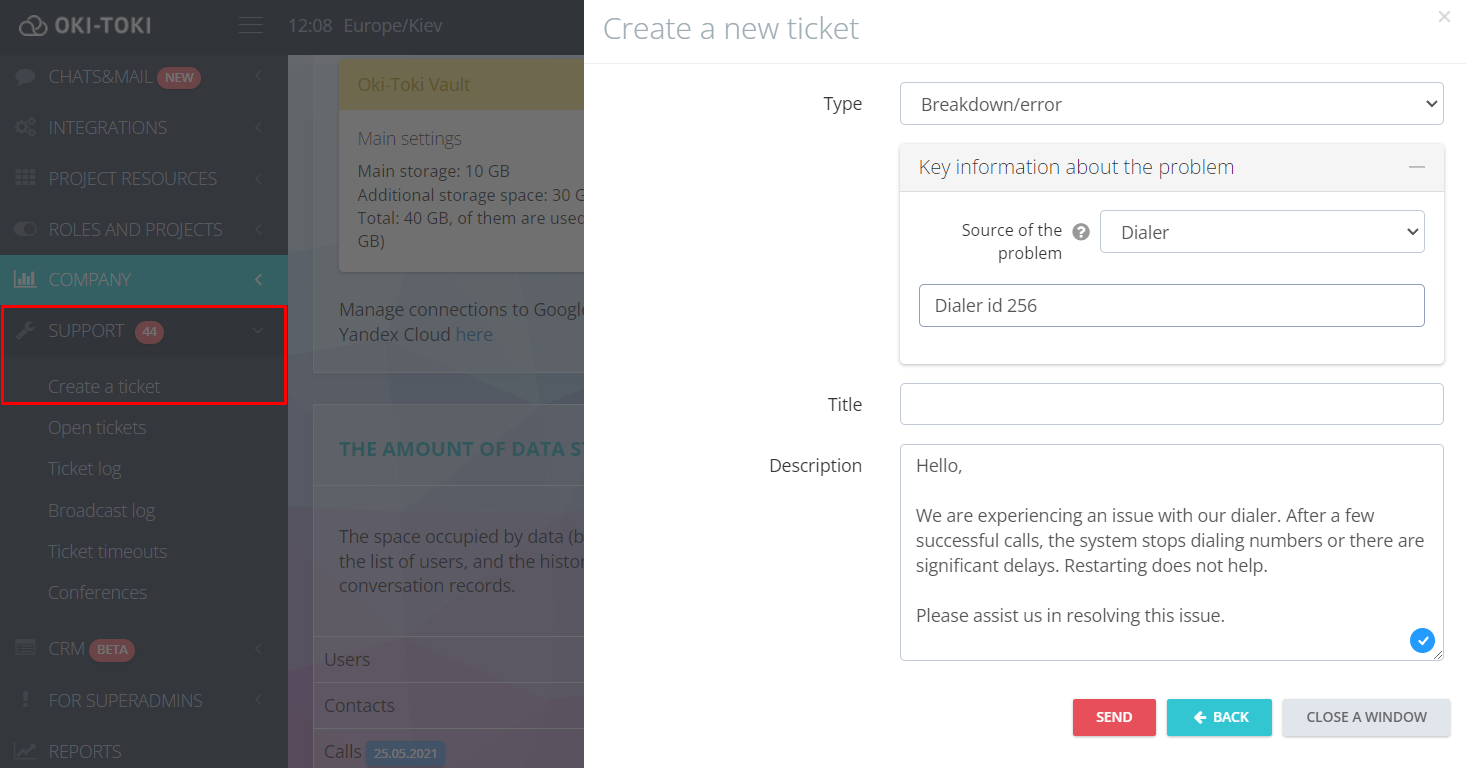 Ventana de creación de ticket para soporte técnico