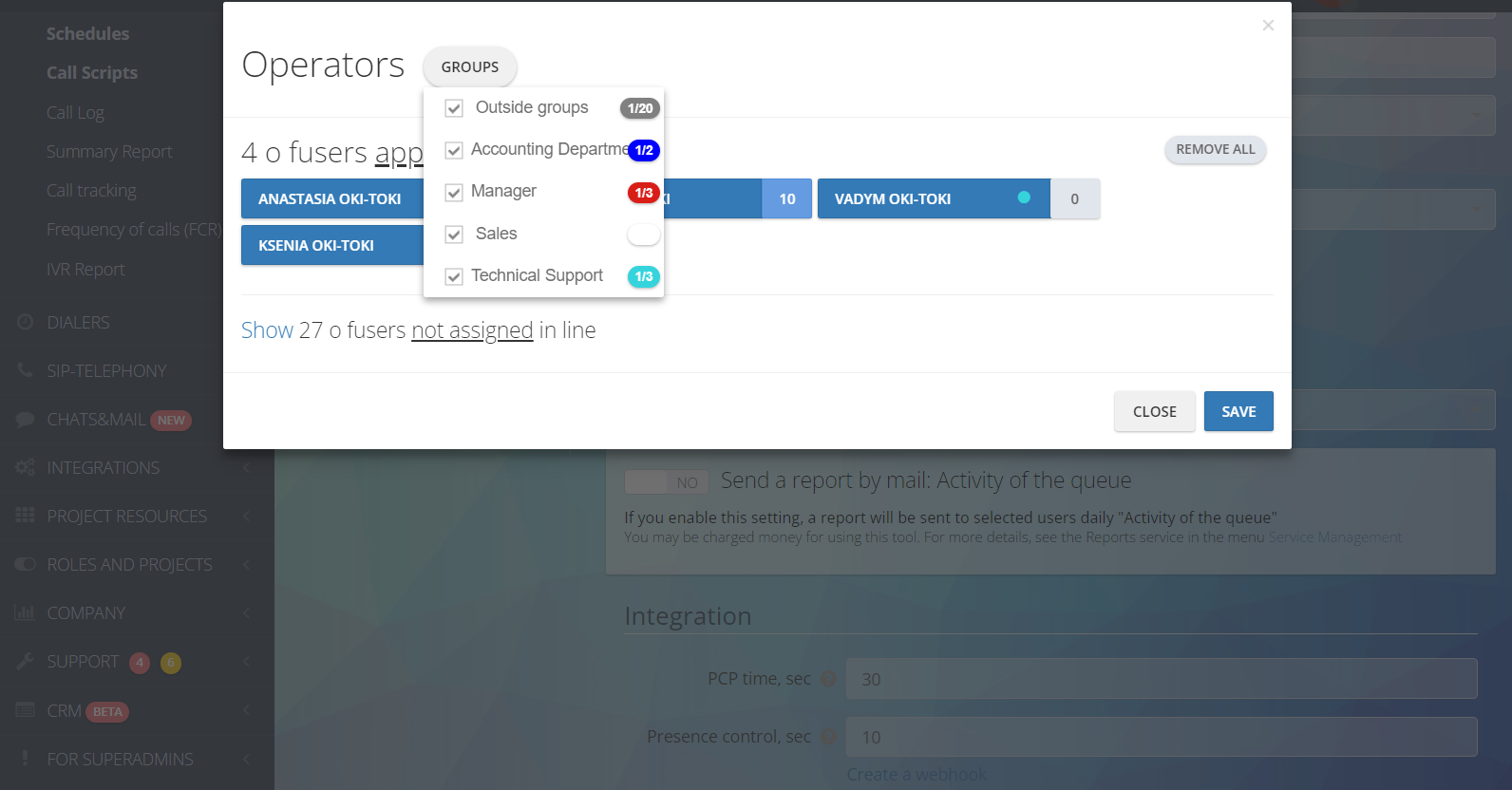 Diferenciación visual de grupos de operadores