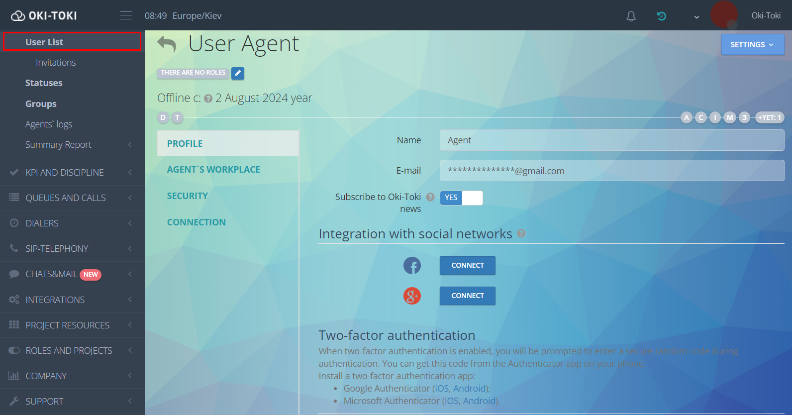 Creación de un usuario en oki-toki