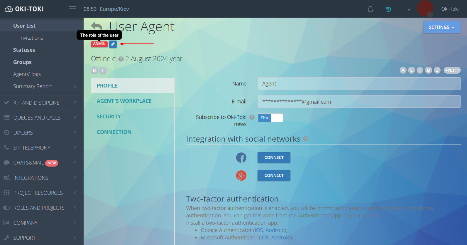 Rol del usuario en la compañía