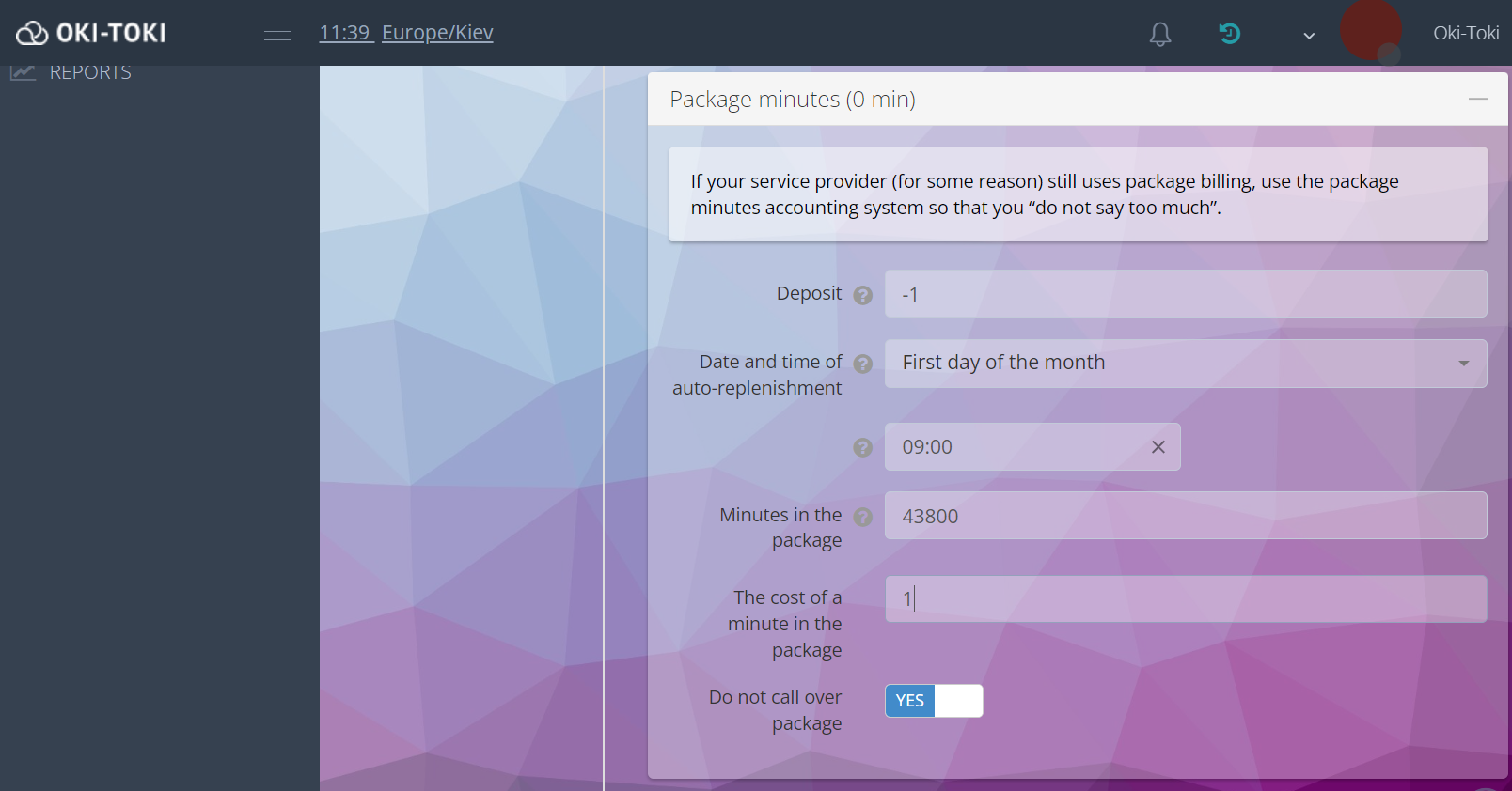 Minutos de Paquete en la Configuración del Proveedor