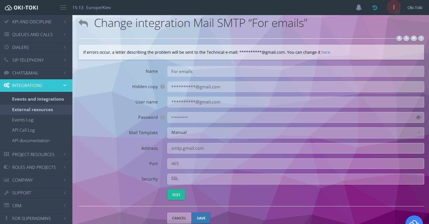 Configuración de la integración de Mail SMTP