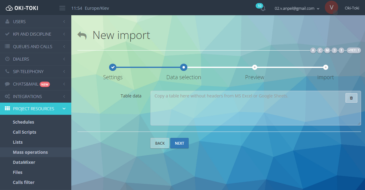 Tabla de importación