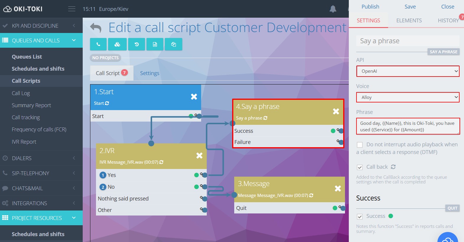 Síntesis de voz en el script de llamada