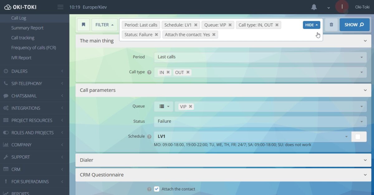 Filtros del informe «Registro de llamadas»