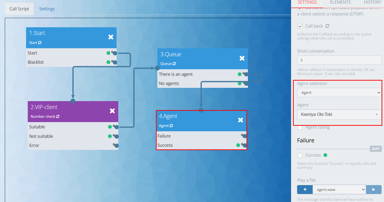 Selección de agente en el script de llamada 