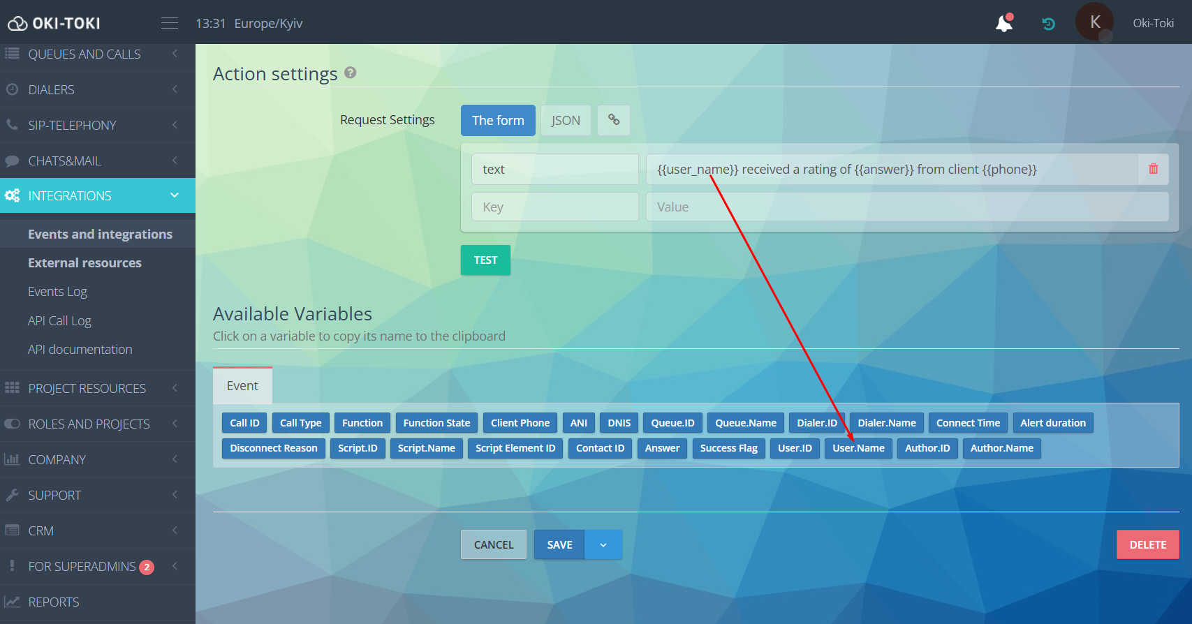 Parámetros de acción Telegram
