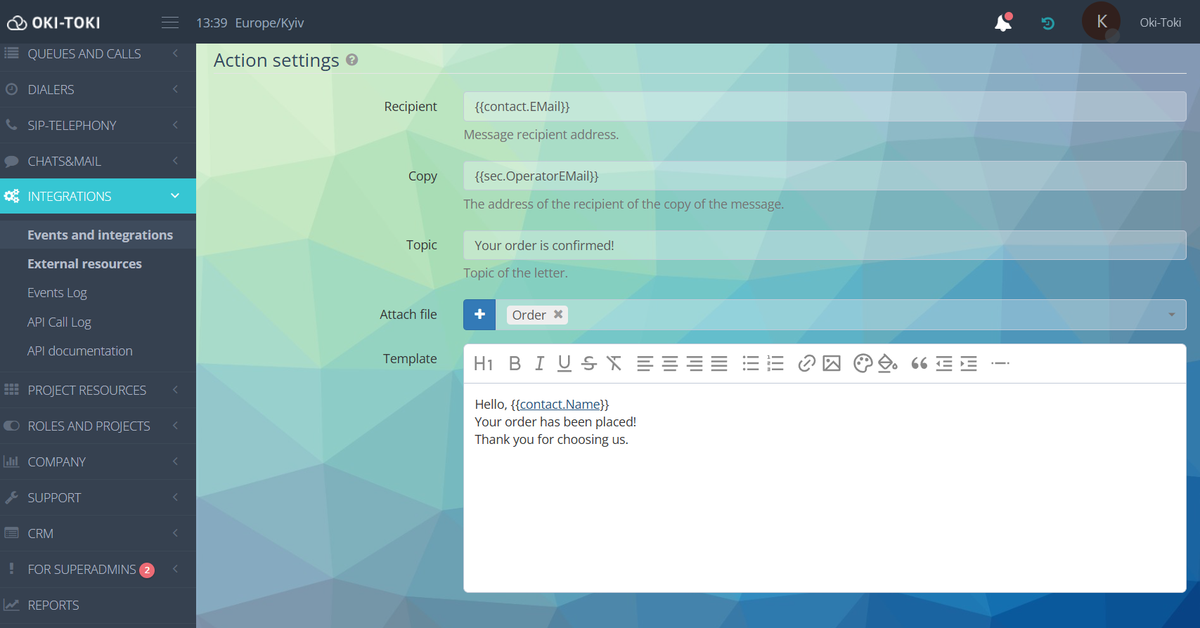 Parámetros de acción Mail SMTP
