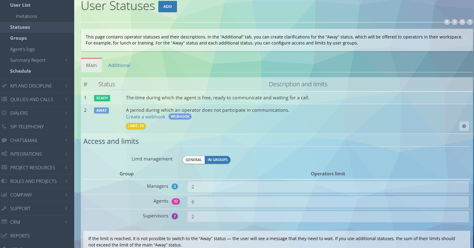Configuración de límites para el estado Ausente